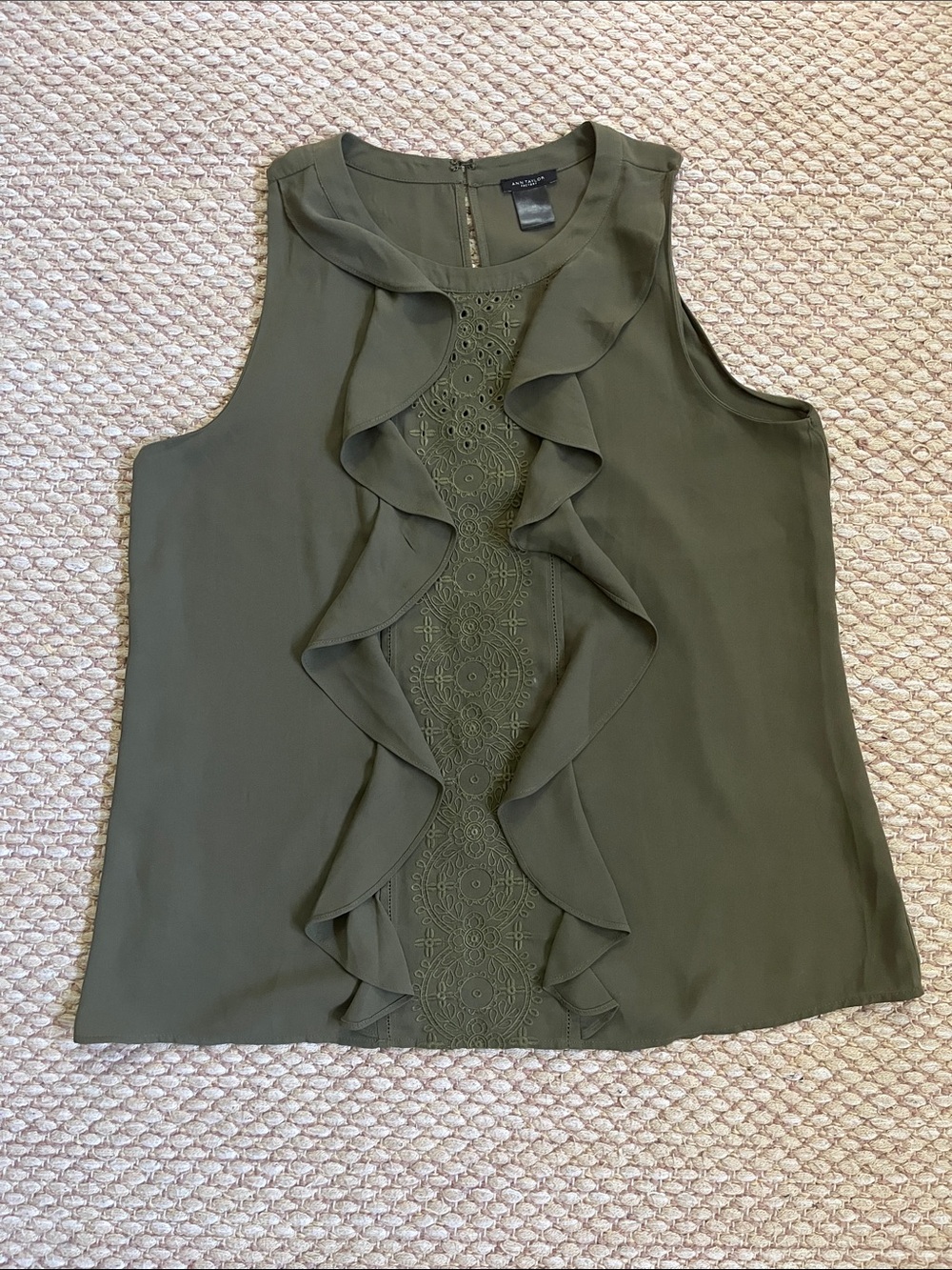 Ann Taylor Olive Green Sleeveless Ruffle Front Blouse